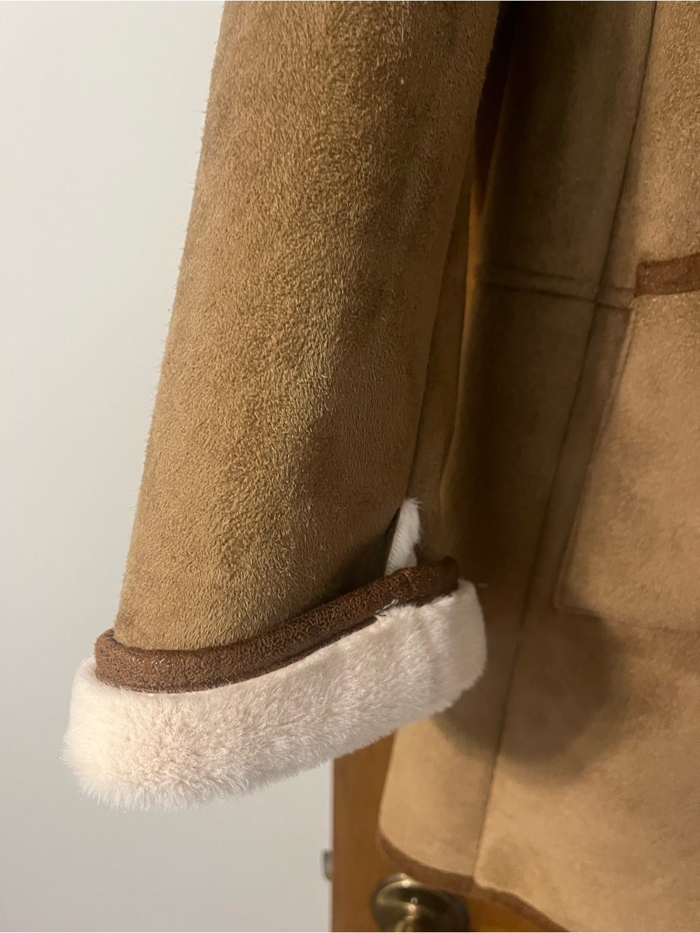 Orvis Tan Faux Suede Teddy Jacket with Cream Shearling Trim - Picture 3 of 7